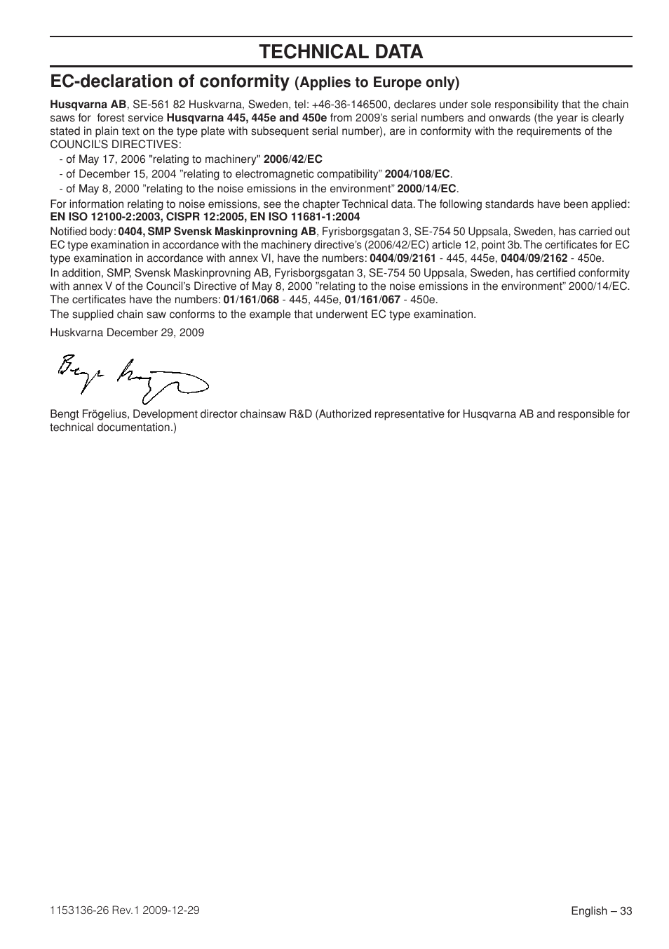 Technical data, Ec-declaration of conformity | Husqvarna 1153136-26 User Manual | Page 33 / 36