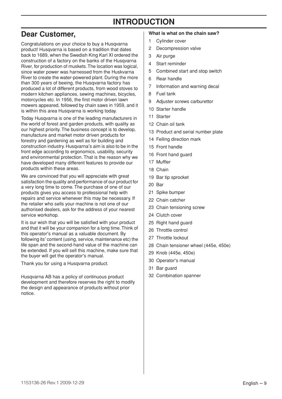 Dear customer, Intr oduction | Husqvarna 1153136-26 User Manual | Page 9 / 36