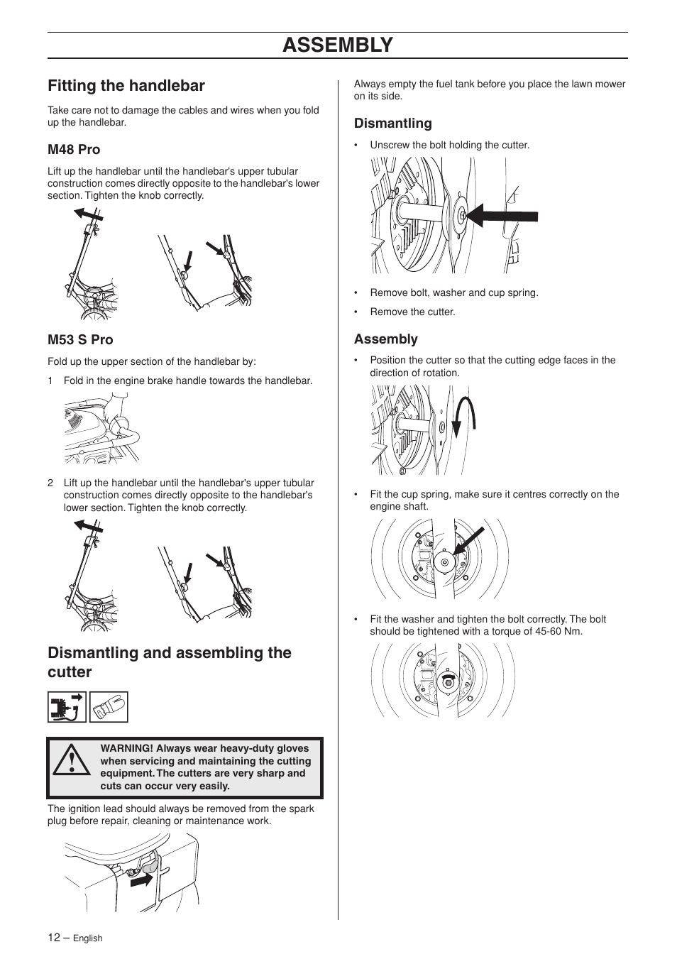 Assembly, Fitting the handlebar, Dismantling and assembling the cutter | Husqvarna M48 Pro User Manual | Page 12 / 24
