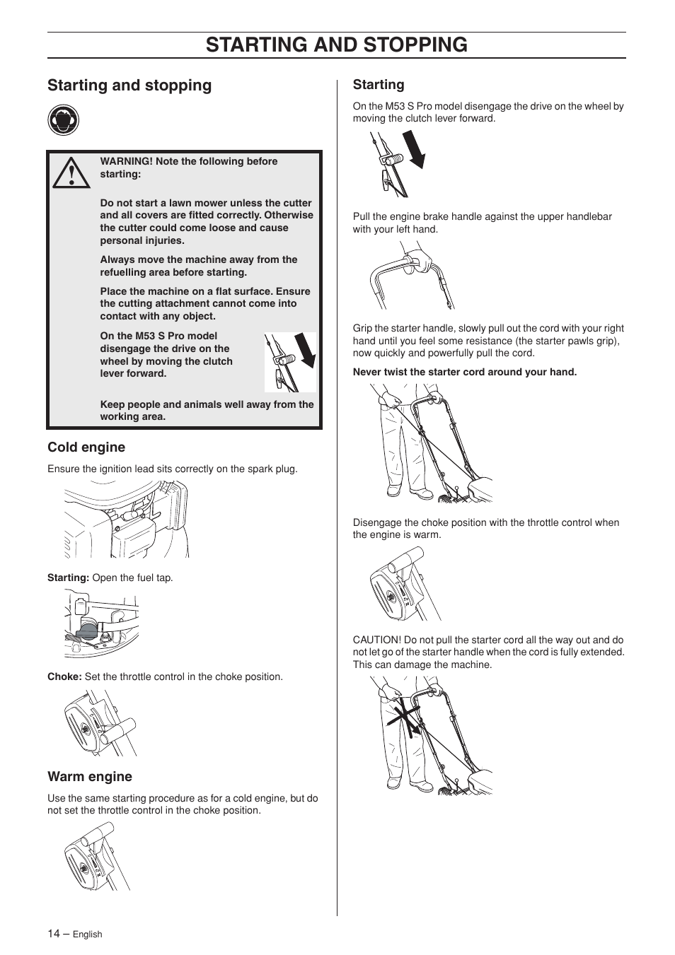 Starting and stopping | Husqvarna M48 Pro User Manual | Page 14 / 24