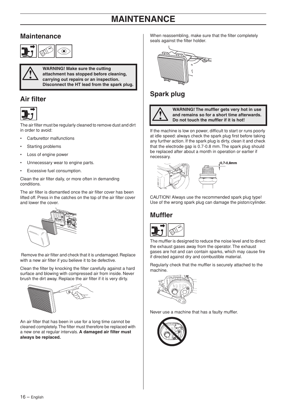 Maintenance, Maintenance air filter, Spark plug | Muffler | Husqvarna M48 Pro User Manual | Page 16 / 24