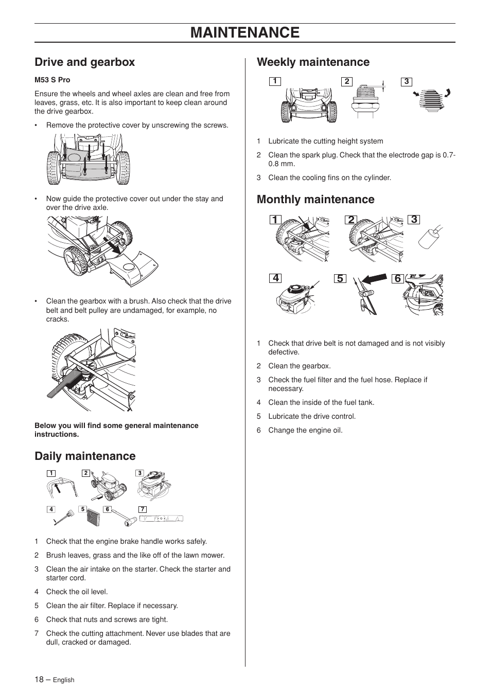Maintenance, Drive and gearbox, Daily maintenance | Weekly maintenance, Monthly maintenance | Husqvarna M48 Pro User Manual | Page 18 / 24