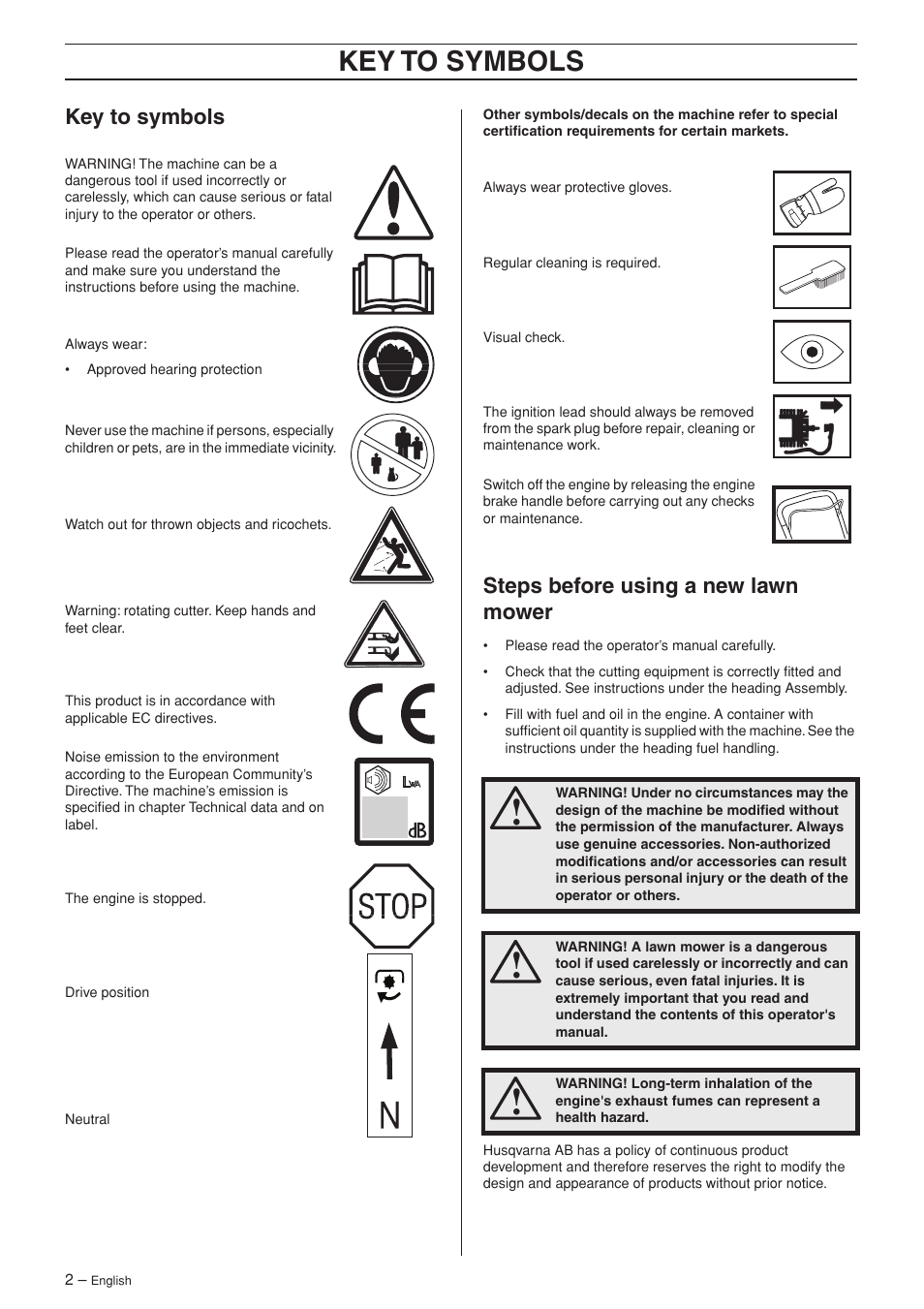 Key to symbols, Steps before using a new lawn mower | Husqvarna M48 Pro User Manual | Page 2 / 24