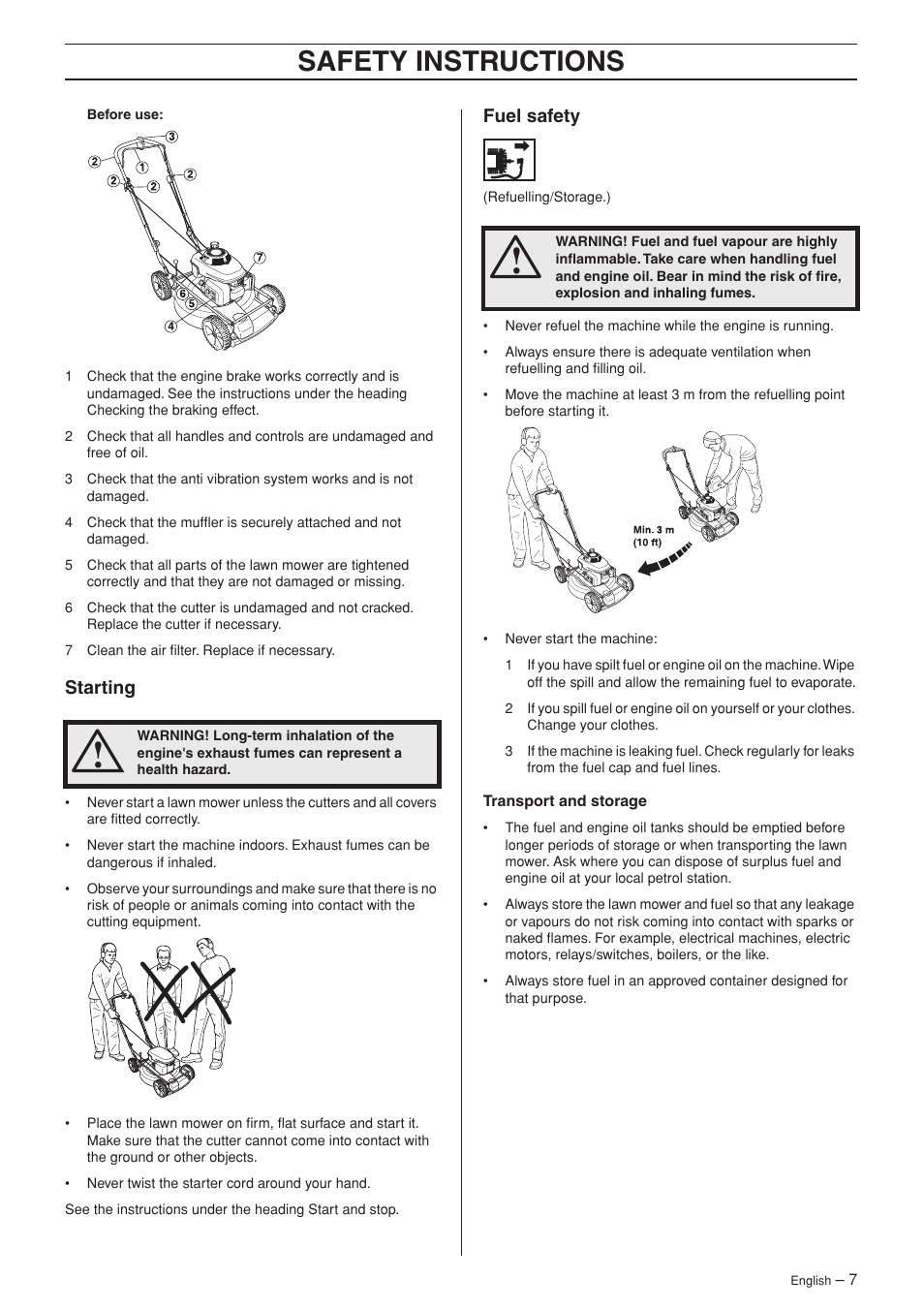 Safety instructions, Starting, Fuel safety | Husqvarna M48 Pro User Manual | Page 7 / 24