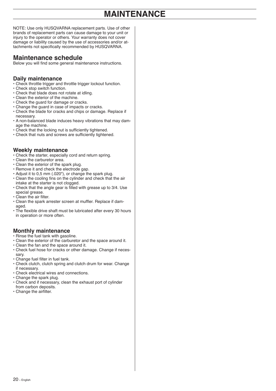 Maintenance, Maintenance schedule, Daily maintenance | Weekly maintenance, Monthly maintenance | Husqvarna 326EX-Series User Manual | Page 20 / 24