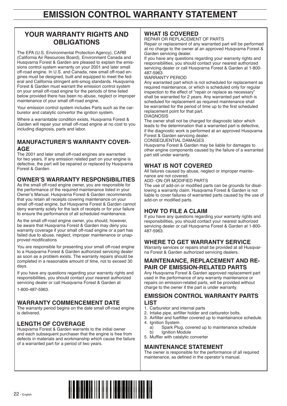 Emission control warranty statement, Z+ha•¶5l, Your warranty rights and obligations | Husqvarna 326EX-Series User Manual | Page 22 / 24