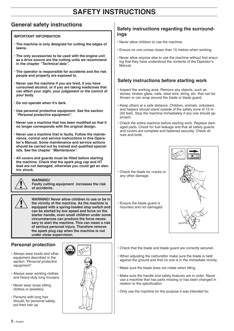 Safety instructions, General safety instructions | Husqvarna 326EX-Series User Manual | Page 8 / 24