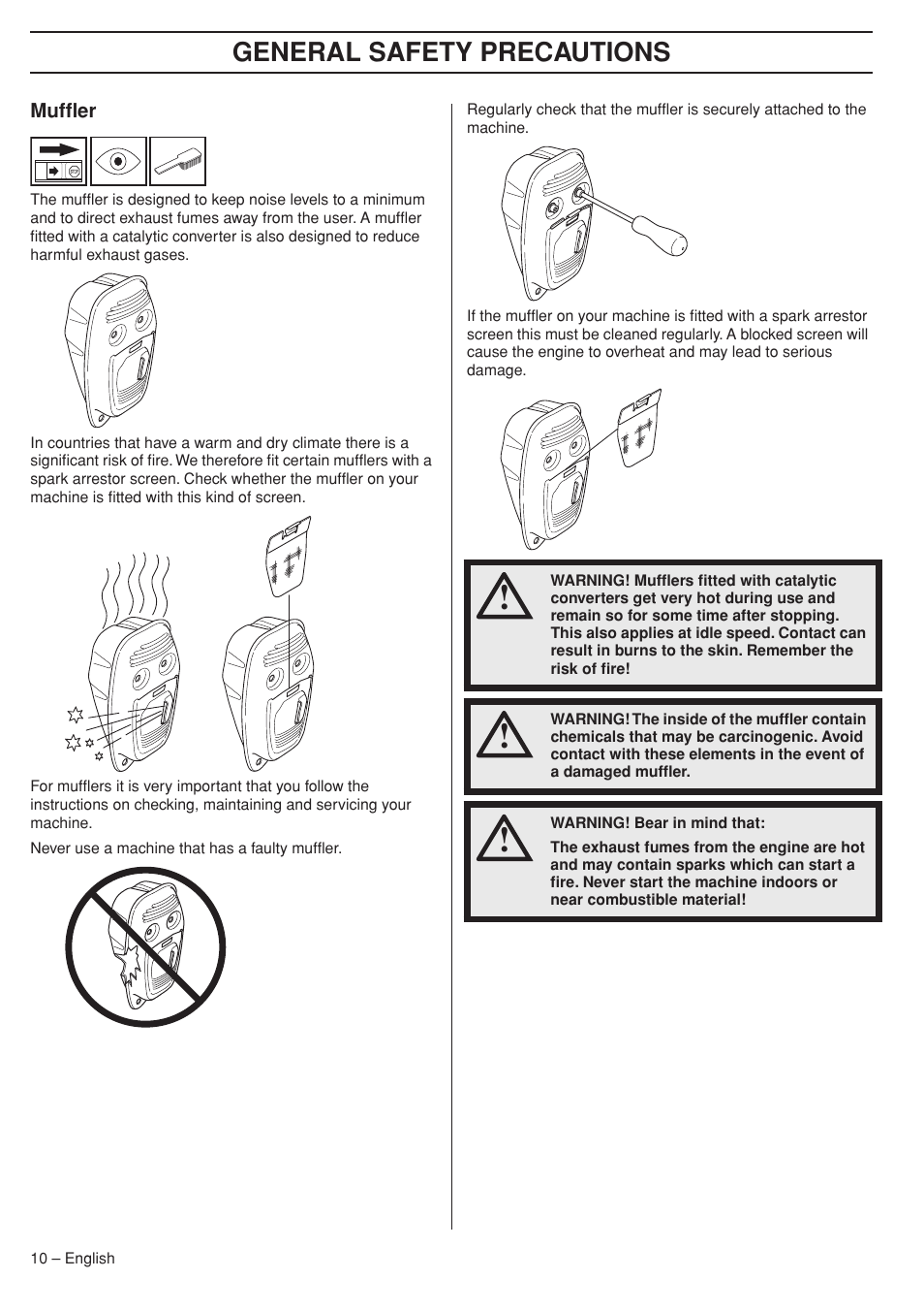 Muffler, General safety precautions | Husqvarna 33RJ User Manual | Page 10 / 36