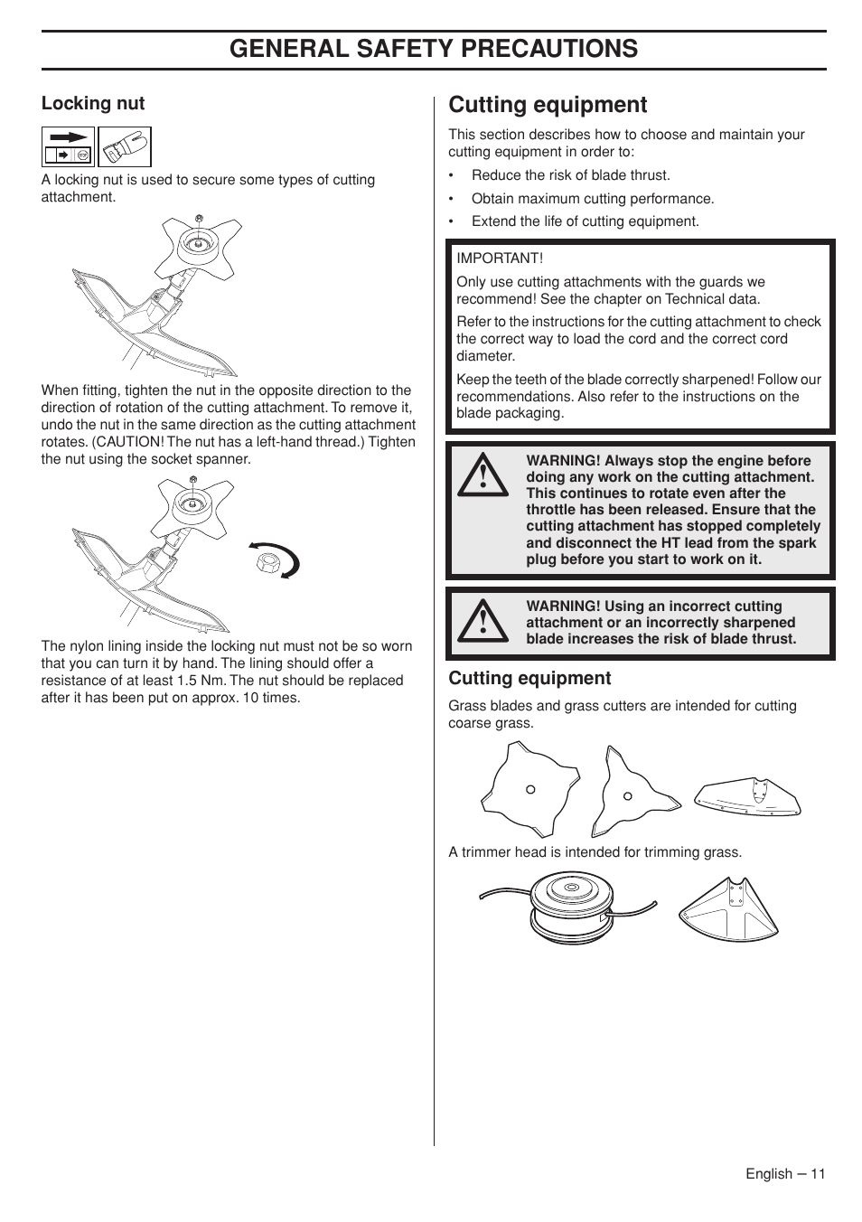 Locking nut, Cutting equipment, General safety precautions | Husqvarna 33RJ User Manual | Page 11 / 36