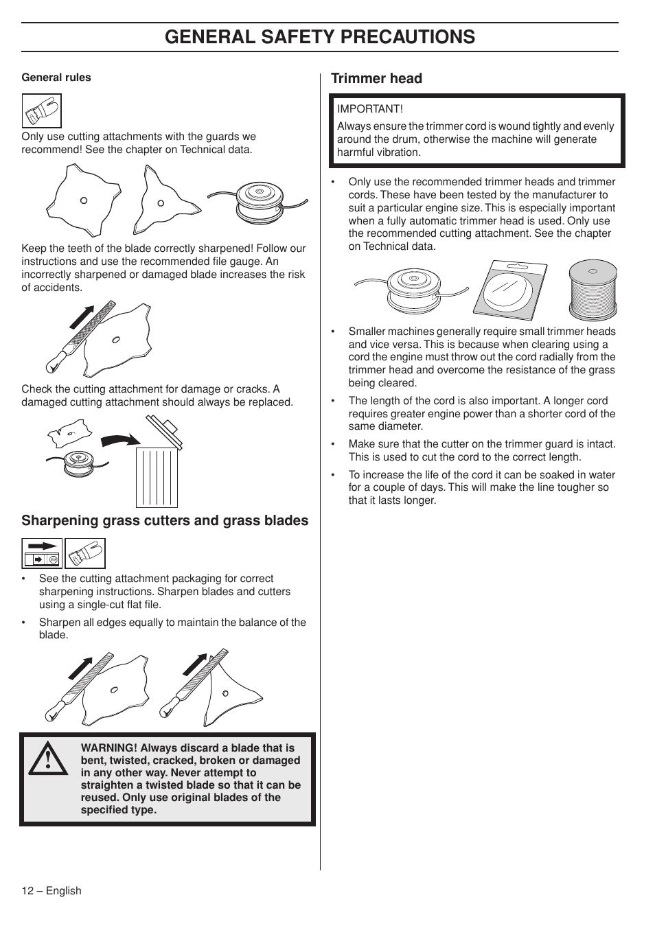 Sharpening grass cutters and grass blades, Trimmer head, General safety precautions | Husqvarna 33RJ User Manual | Page 12 / 36