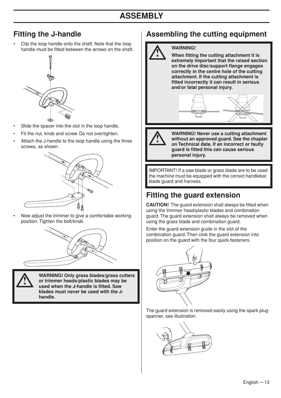 Fitting the j-handle, Assembling the cutting equipment, Fitting the guard extension | Assembly | Husqvarna 33RJ User Manual | Page 13 / 36