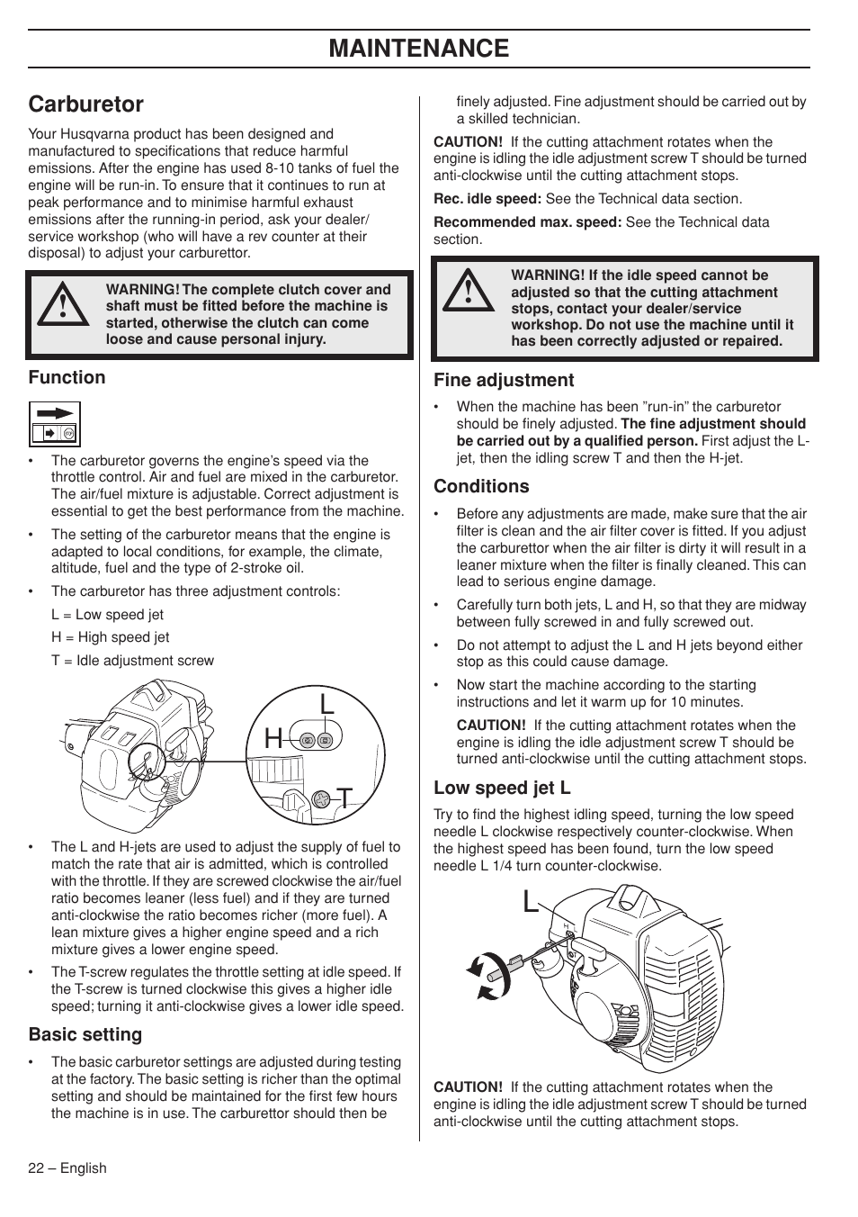 Carburetor, Function, Basic setting | Fine adjustment, Conditions, Low speed jet l, Hl t, Maintenance | Husqvarna 33RJ User Manual | Page 22 / 36