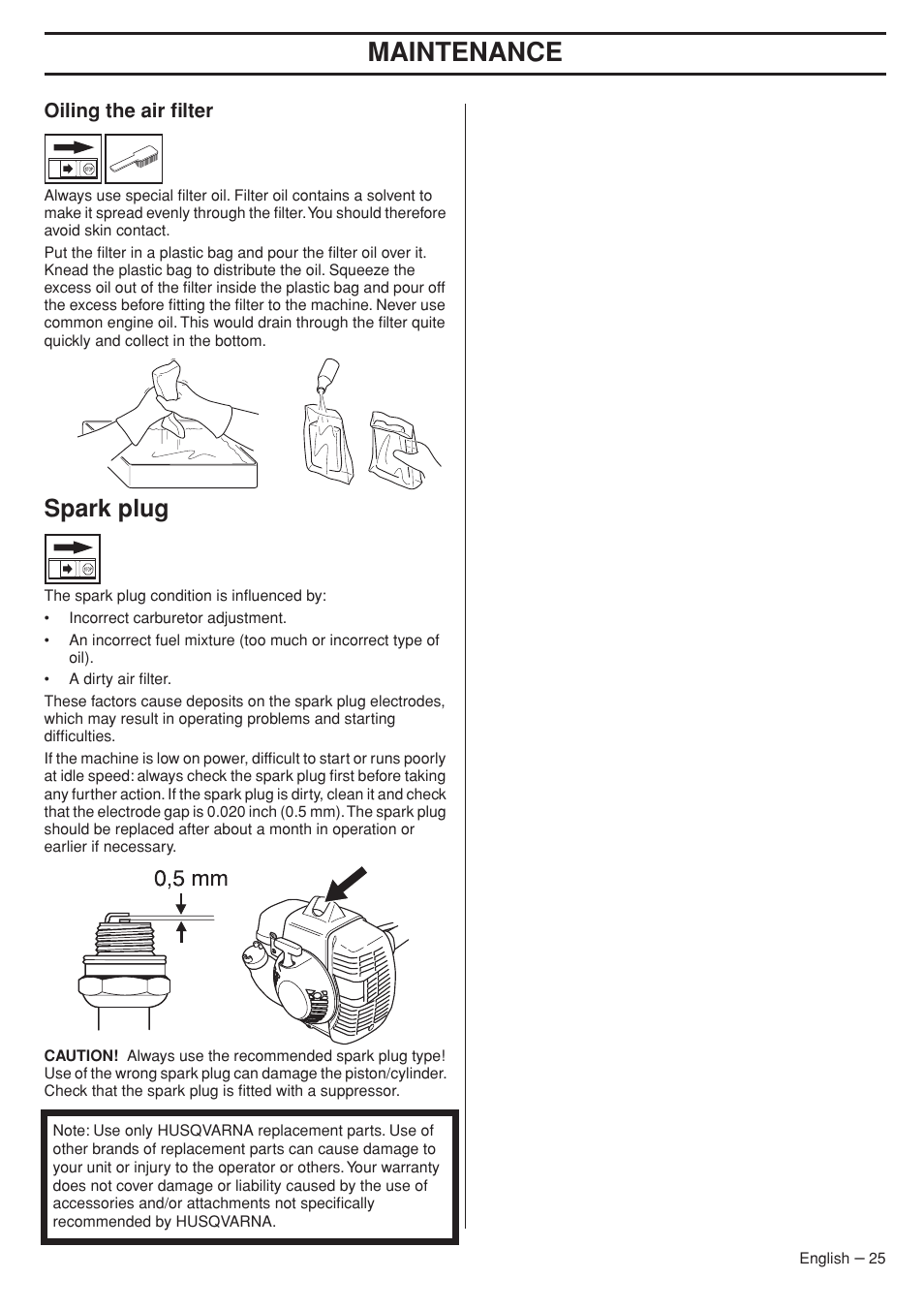 Oiling the air filter, Spark plug, Maintenance | Husqvarna 33RJ User Manual | Page 25 / 36