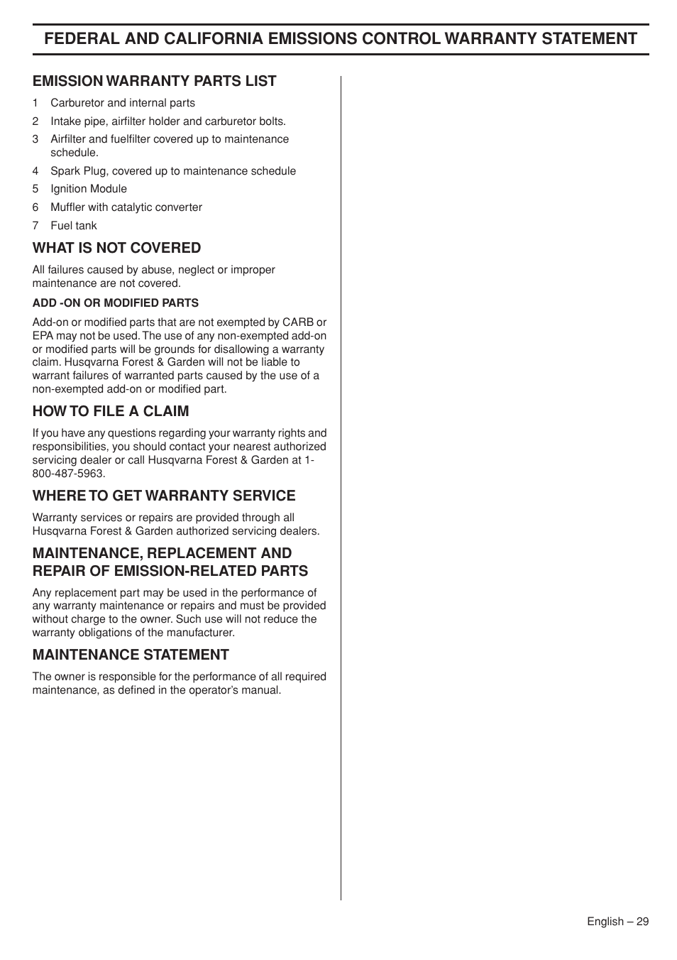 Emission warranty parts list, What is not covered, How to file a claim | Where to get warranty service, Maintenance statement | Husqvarna 33RJ User Manual | Page 29 / 36