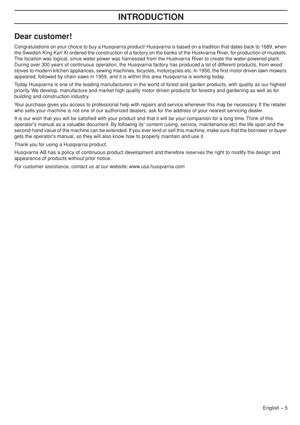 Dear customer, Intr oduction | Husqvarna 33RJ User Manual | Page 5 / 36