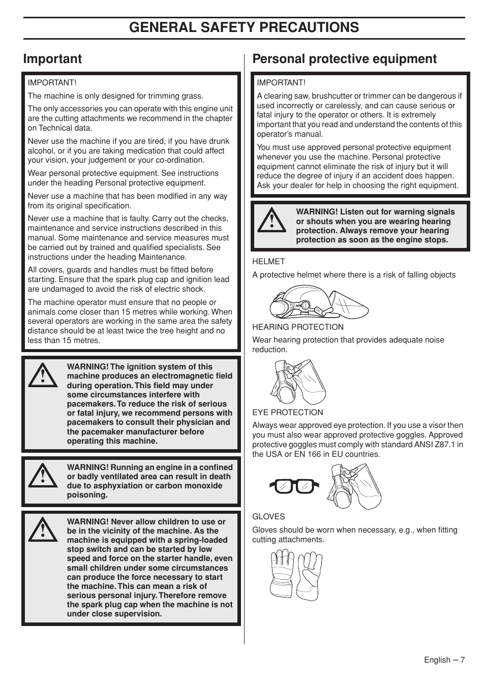 Important, Personal protective equipment, General safety preca utions | Impor tant personal protective equipment | Husqvarna 33RJ User Manual | Page 7 / 36