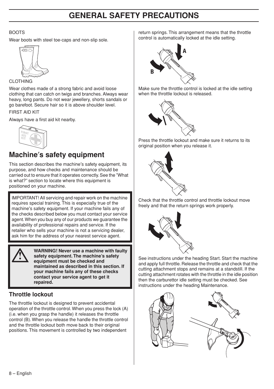Machine¢s safety equipment, Throttle lockout, General safety preca utions | Mac hine ′ s safety equipment | Husqvarna 33RJ User Manual | Page 8 / 36