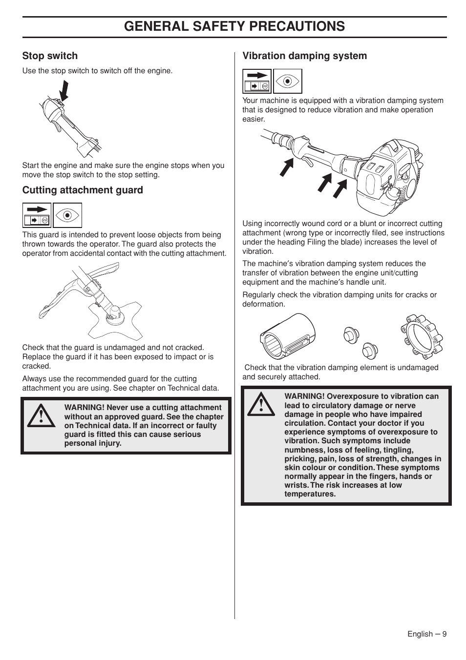 Stop switch, Cutting attachment guard, Vibration damping system | General safety preca utions | Husqvarna 33RJ User Manual | Page 9 / 36