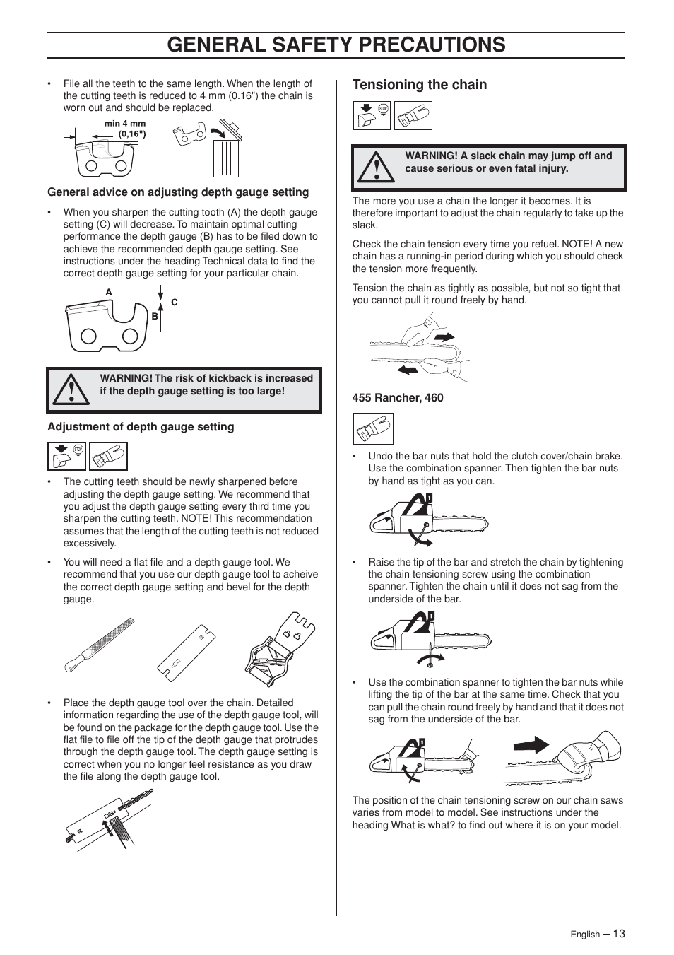 Tensioning the chain, General safety precautions | Husqvarna 455 Rancher User Manual | Page 13 / 44