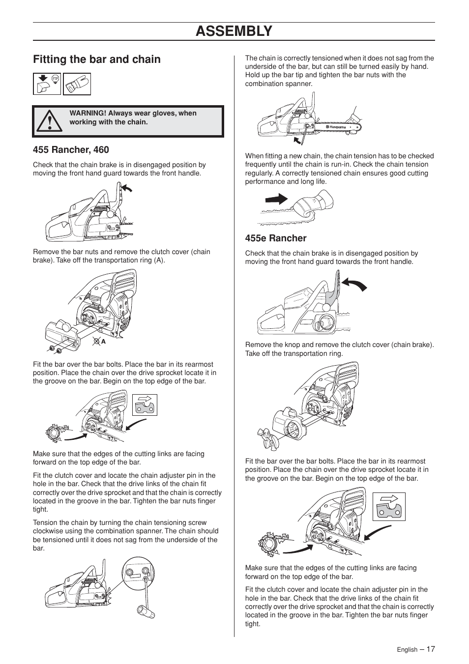 Fitting the bar and chain, 455 rancher, 460, 455e rancher | Assembly | Husqvarna 455 Rancher User Manual | Page 17 / 44