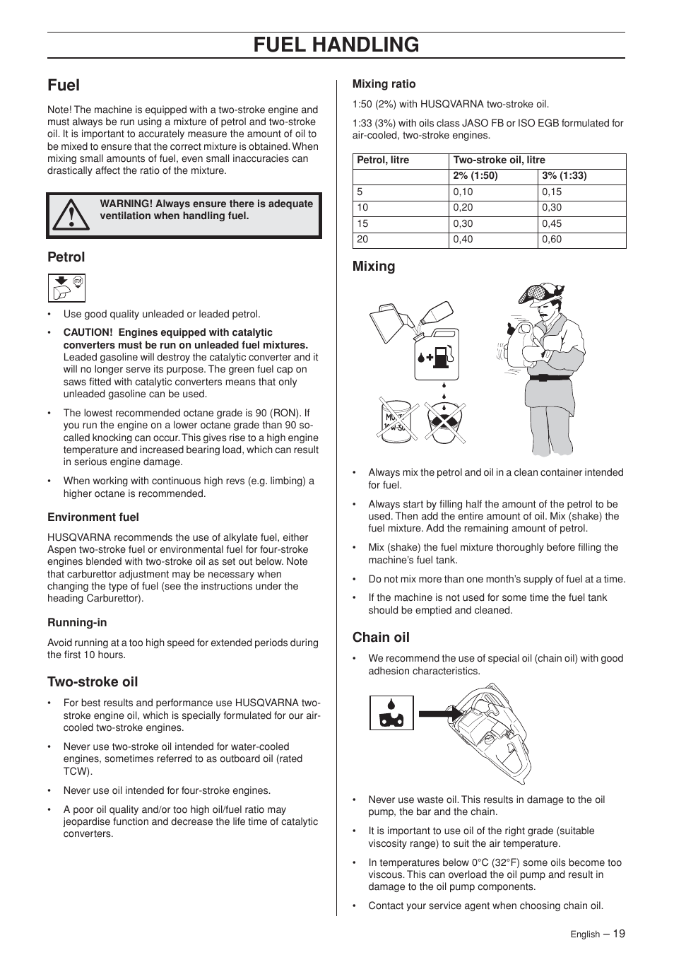 Fuel, Petrol, Two-stroke oil | Mixing, Chain oil, Fuel handling | Husqvarna 455 Rancher User Manual | Page 19 / 44