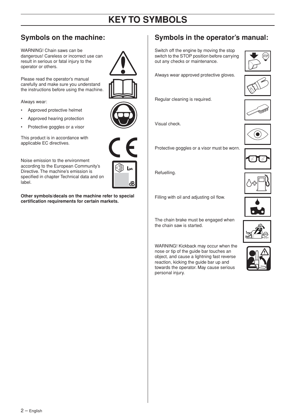 Symbols on the machine, Symbols in the operator’s manual, Key t o symbols | Symbols on the mac hine, Symbols in the operator’ s manual | Husqvarna 455 Rancher User Manual | Page 2 / 44
