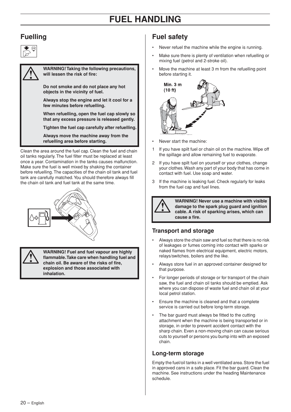 Fuelling, Fuel safety, Transport and storage | Long-term storage, Fuel handling | Husqvarna 455 Rancher User Manual | Page 20 / 44