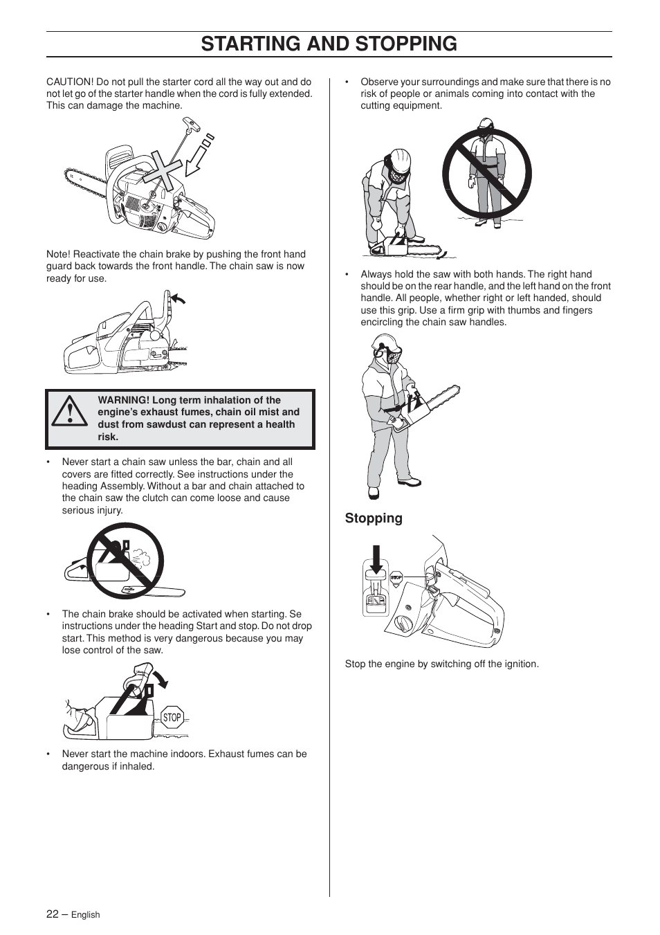 Stopping, Starting and stopping | Husqvarna 455 Rancher User Manual | Page 22 / 44