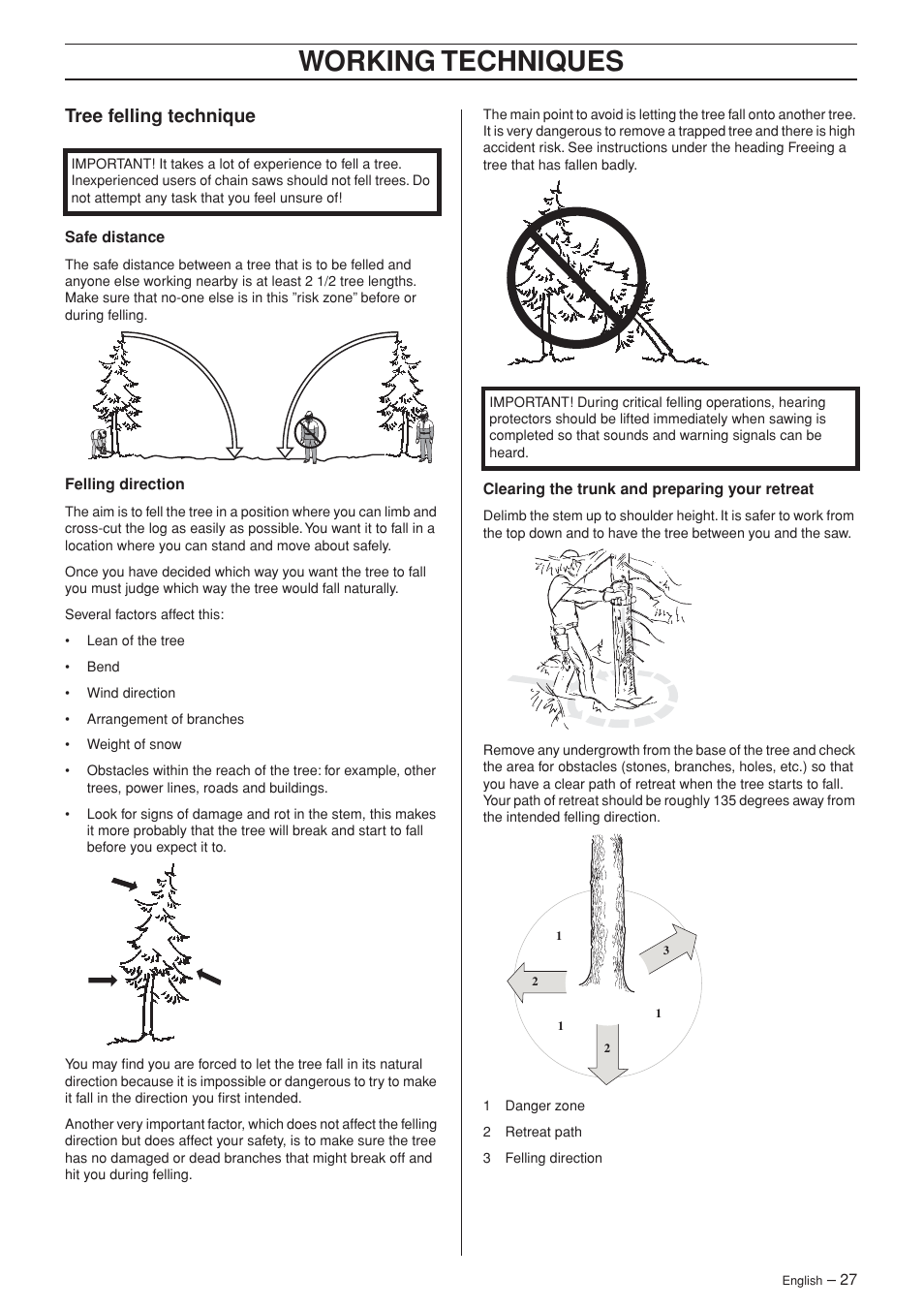 Tree felling technique, Working techniques | Husqvarna 455 Rancher User Manual | Page 27 / 44