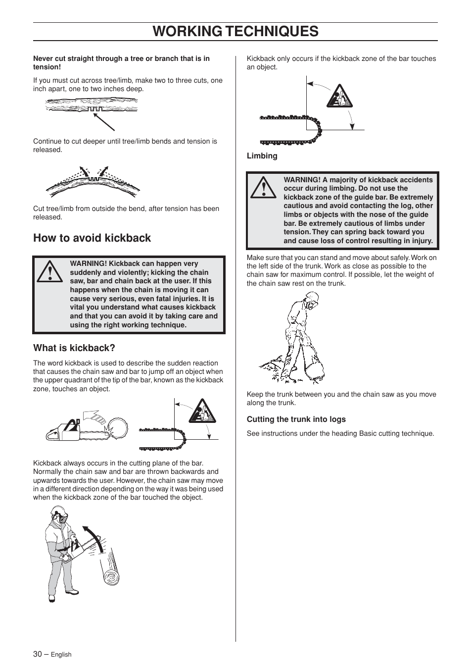 How to avoid kickback, What is kickback, Working techniques | Husqvarna 455 Rancher User Manual | Page 30 / 44