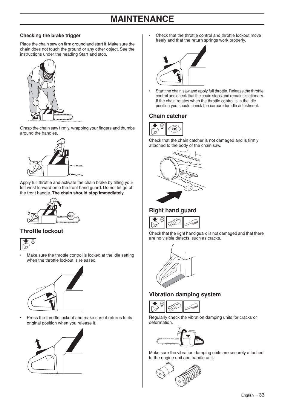Throttle lockout, Chain catcher, Right hand guard | Vibration damping system, Maintenance | Husqvarna 455 Rancher User Manual | Page 33 / 44