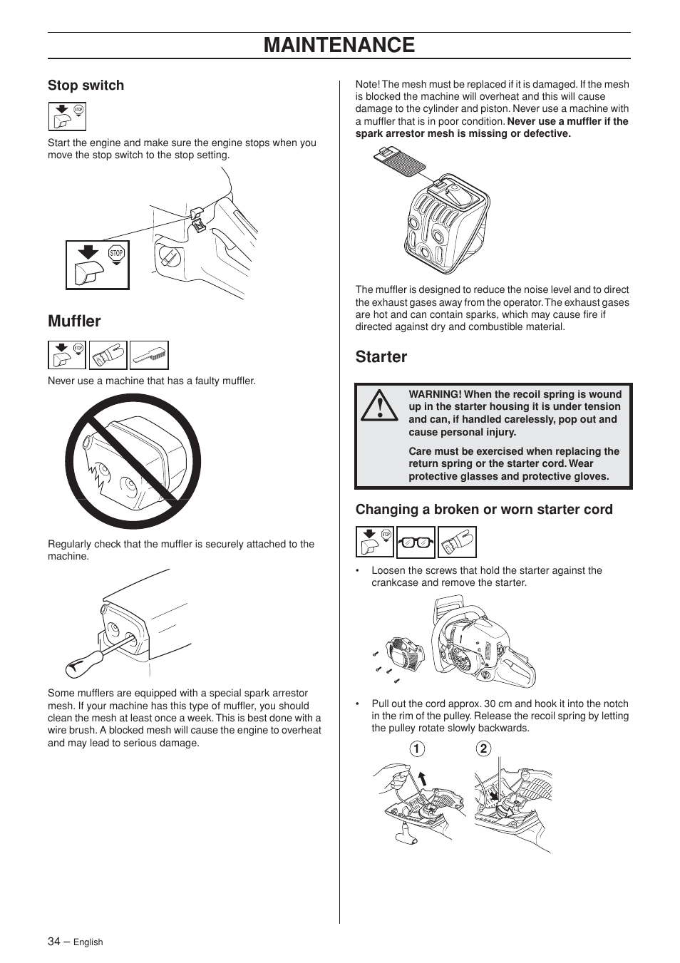 Stop switch, Muffler, Starter | Changing a broken or worn starter cord, Maintenance | Husqvarna 455 Rancher User Manual | Page 34 / 44