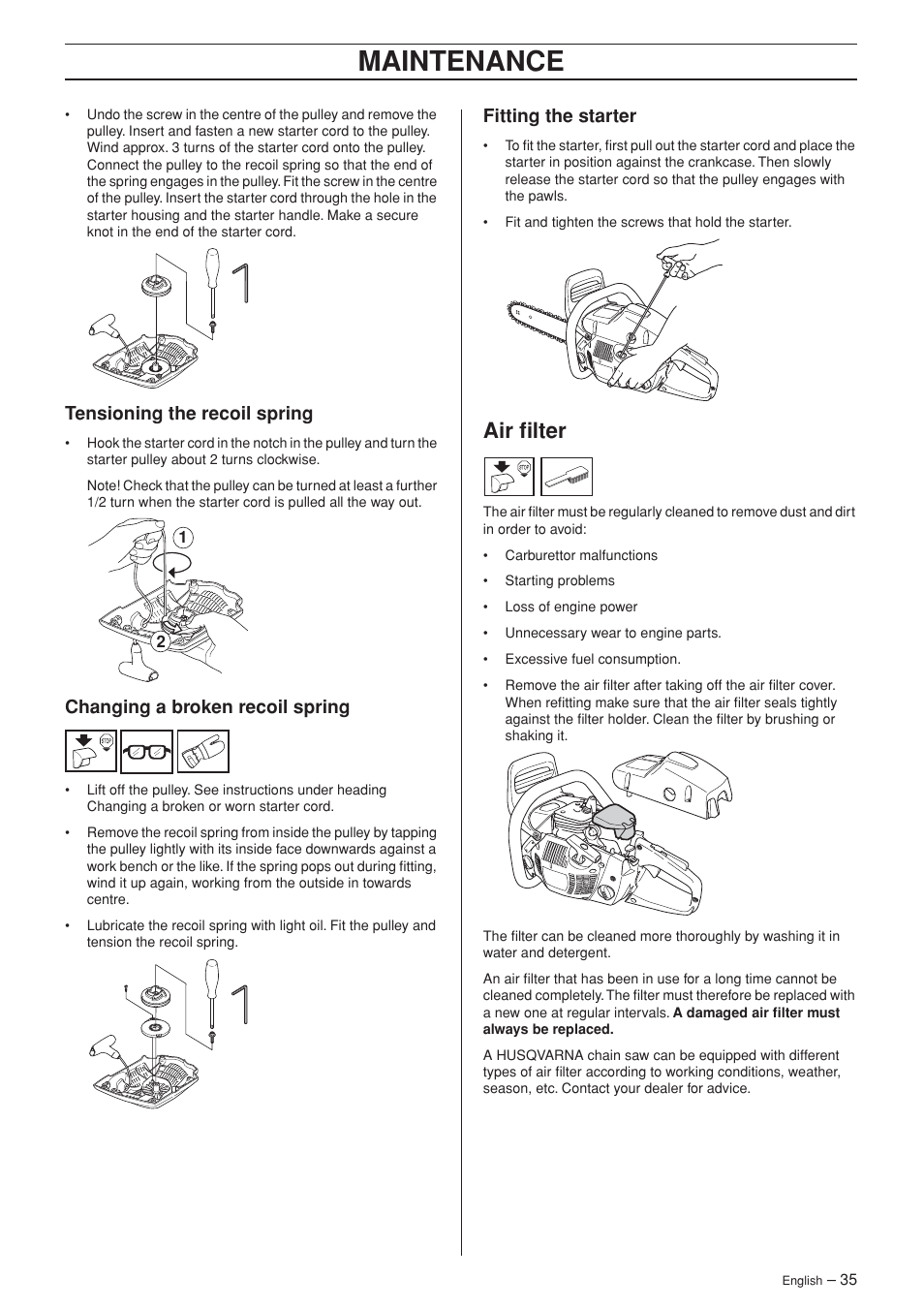 Tensioning the recoil spring, Changing a broken recoil spring, Fitting the starter | Air filter, Maintenance | Husqvarna 455 Rancher User Manual | Page 35 / 44