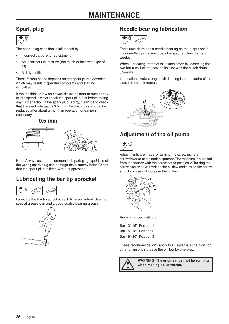 Spark plug, Lubricating the bar tip sprocket, Needle bearing lubrication | Adjustment of the oil pump, Maintenance | Husqvarna 455 Rancher User Manual | Page 36 / 44