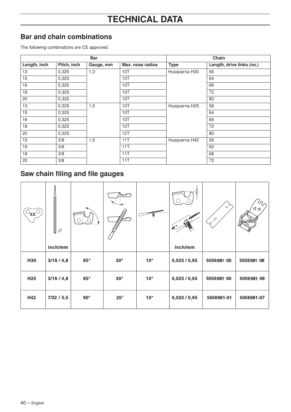 Bar and chain combinations, Saw chain filing and file gauges, Technical data | Husqvarna 455 Rancher User Manual | Page 40 / 44