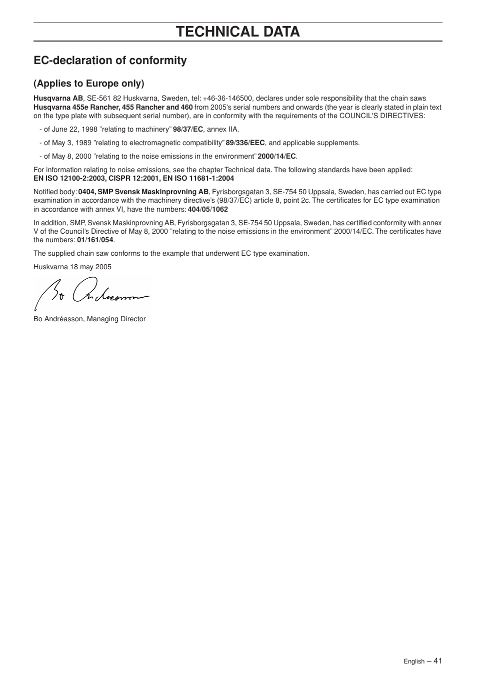 Ec-declaration of conformity, Applies to europe only), Technical data | Husqvarna 455 Rancher User Manual | Page 41 / 44