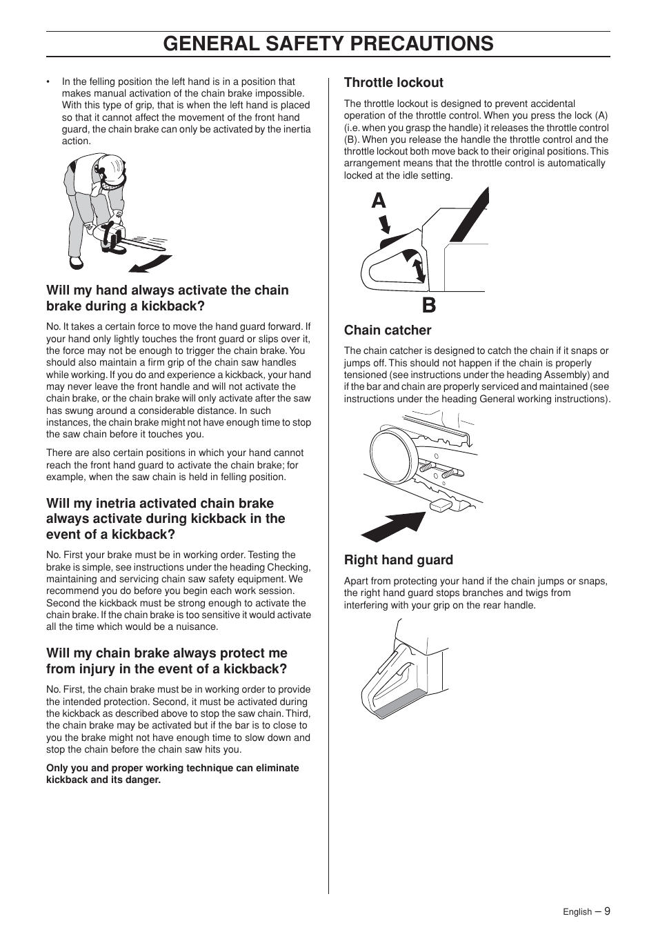 Throttle lockout, Chain catcher, Right hand guard | General safety preca utions | Husqvarna 455 Rancher User Manual | Page 9 / 44