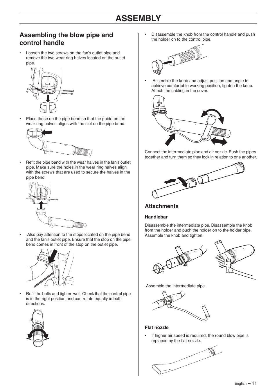 Assembling the blow pipe and control handle, Attachments, Assembly | Husqvarna 356 BT X-series User Manual | Page 11 / 20