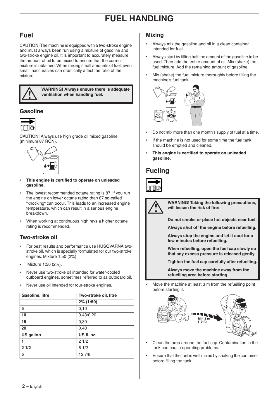 Fuel, Gasoline, Two-stroke oil | Mixing, Fueling, Fuel handling | Husqvarna 356 BT X-series User Manual | Page 12 / 20