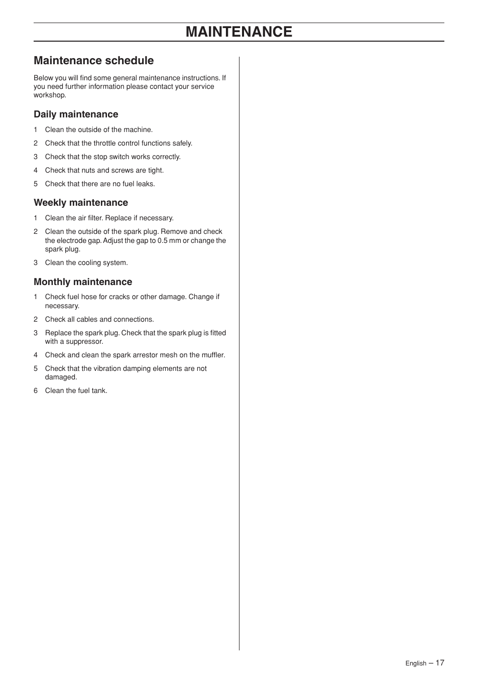 Maintenance schedule, Daily maintenance, Weekly maintenance | Monthly maintenance, Maintenance | Husqvarna 356 BT X-series User Manual | Page 17 / 20