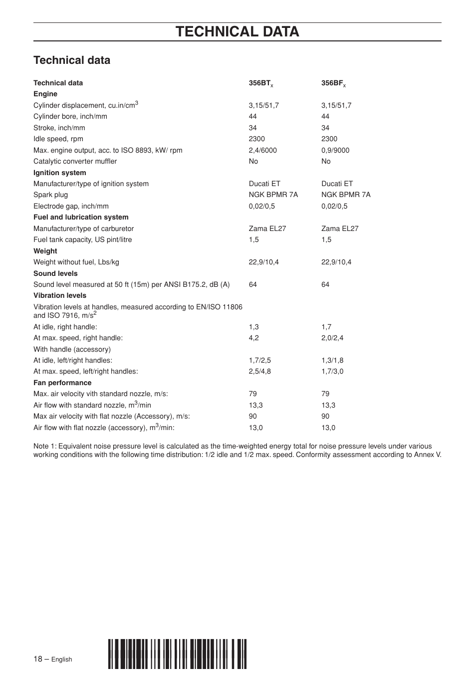 Technical data, Z+r(q¶5g | Husqvarna 356 BT X-series User Manual | Page 18 / 20