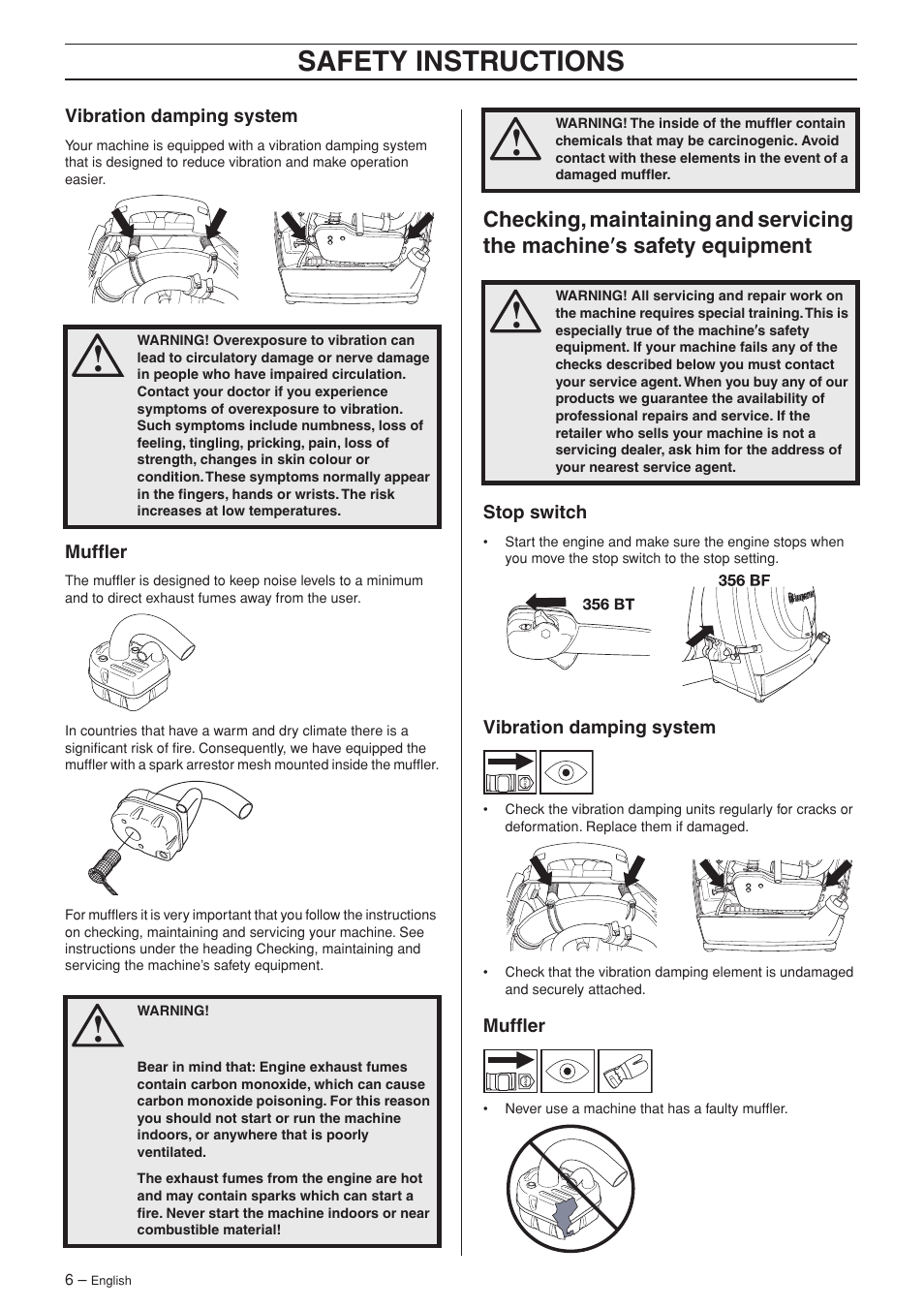 Vibration damping system, Muffler, Stop switch | Safety instr uctions | Husqvarna 356 BT X-series User Manual | Page 6 / 20