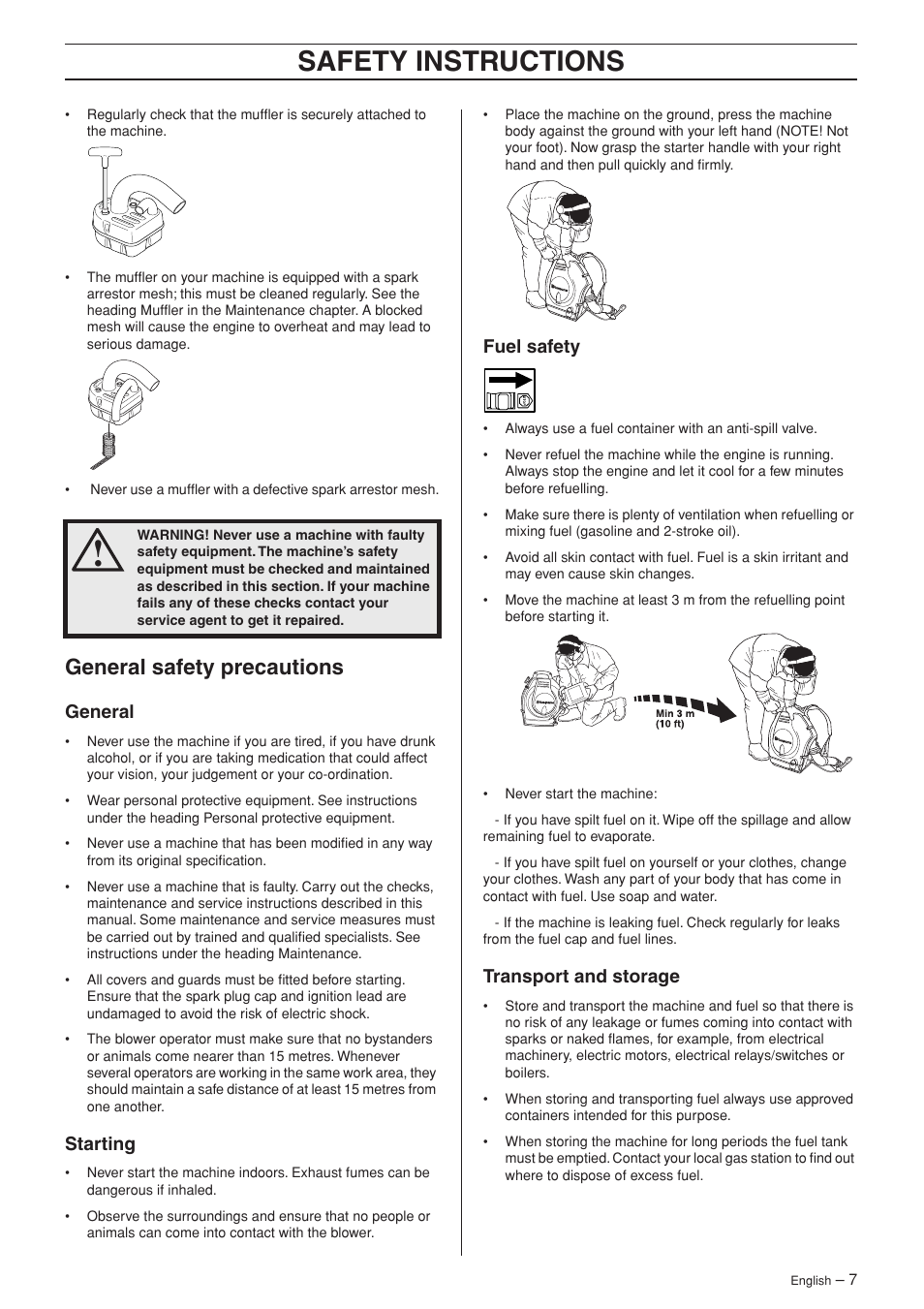 General safety precautions, General, Starting | Fuel safety, Transport and storage, Safety instructions | Husqvarna 356 BT X-series User Manual | Page 7 / 20