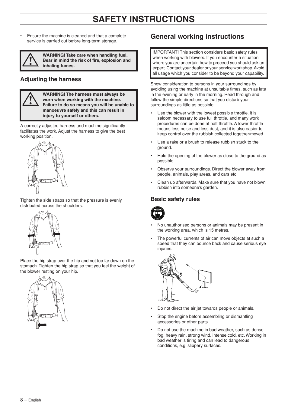 Adjusting the harness, General working instructions, Basic safety rules | Safety instructions | Husqvarna 356 BT X-series User Manual | Page 8 / 20