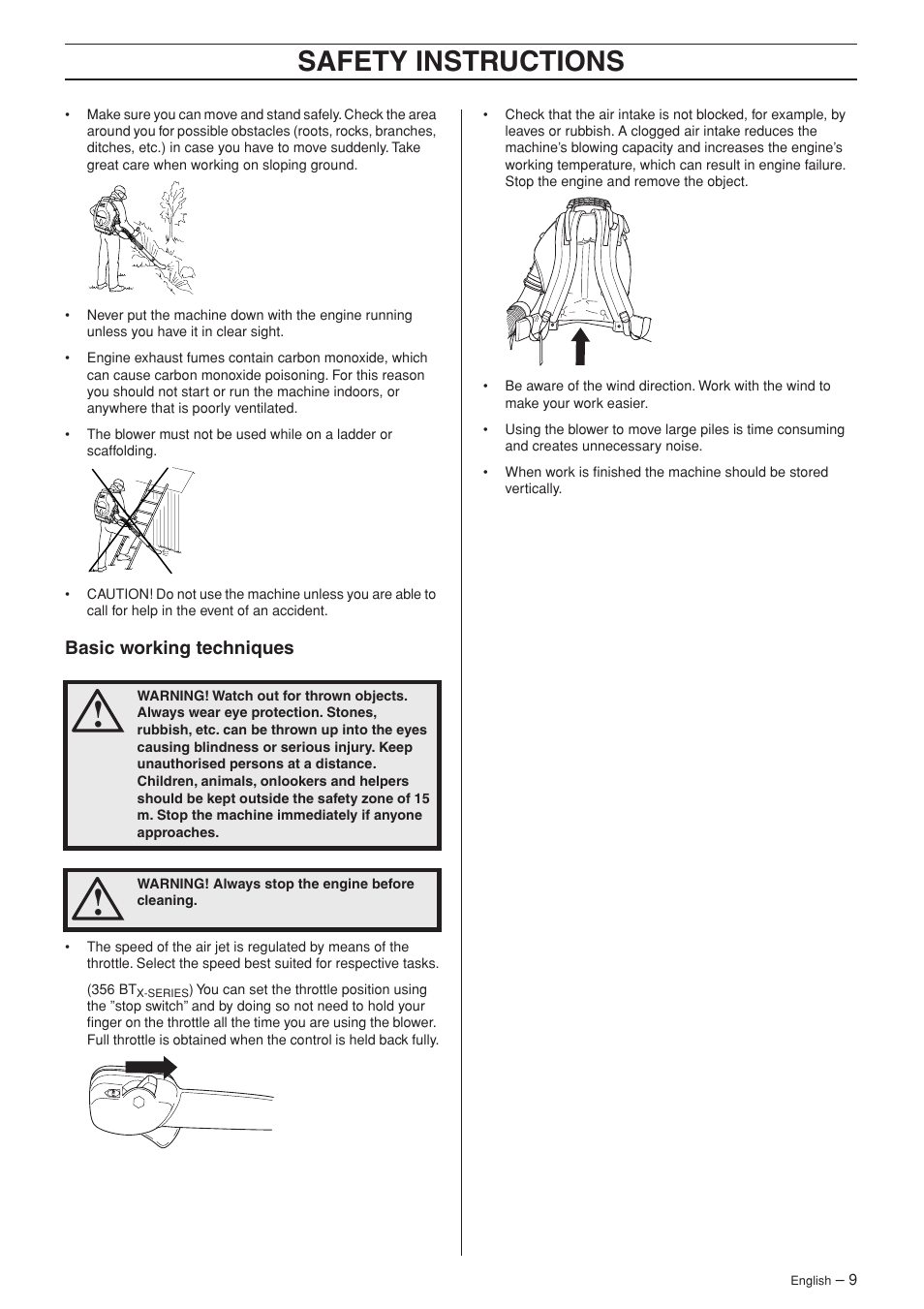 Basic working techniques, Safety instructions | Husqvarna 356 BT X-series User Manual | Page 9 / 20