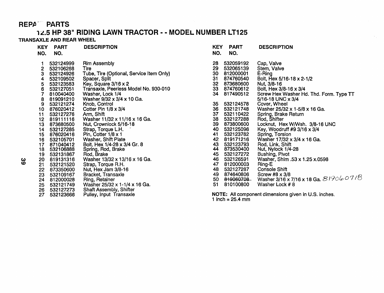 Repp, Parts l-i.5 hp 38" riding lawn tractor, Model number lt125 | S \9o u > 0 7 / 0 | Husqvarna 954 00 03-32 User Manual | Page 13 / 18