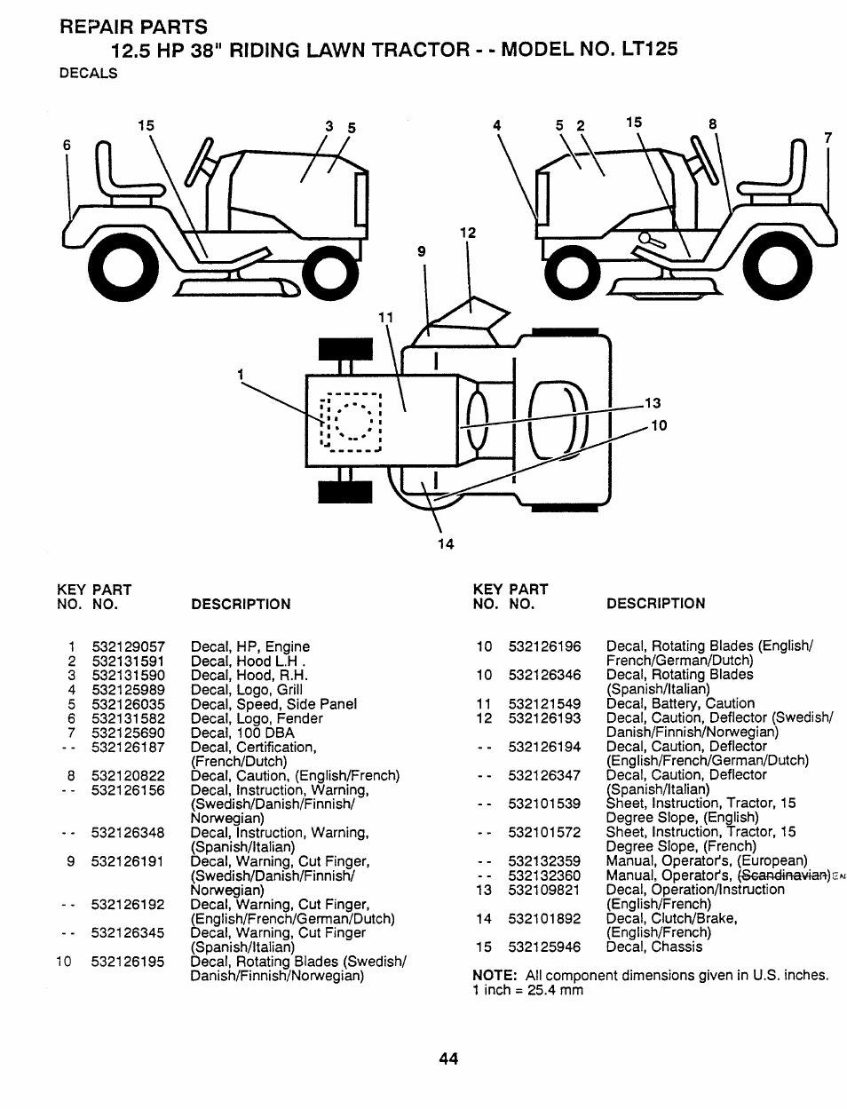 Repair parts, 5 hp 38" riding lawn tractor - - model no. lt125 | Husqvarna 954 00 03-32 User Manual | Page 18 / 18