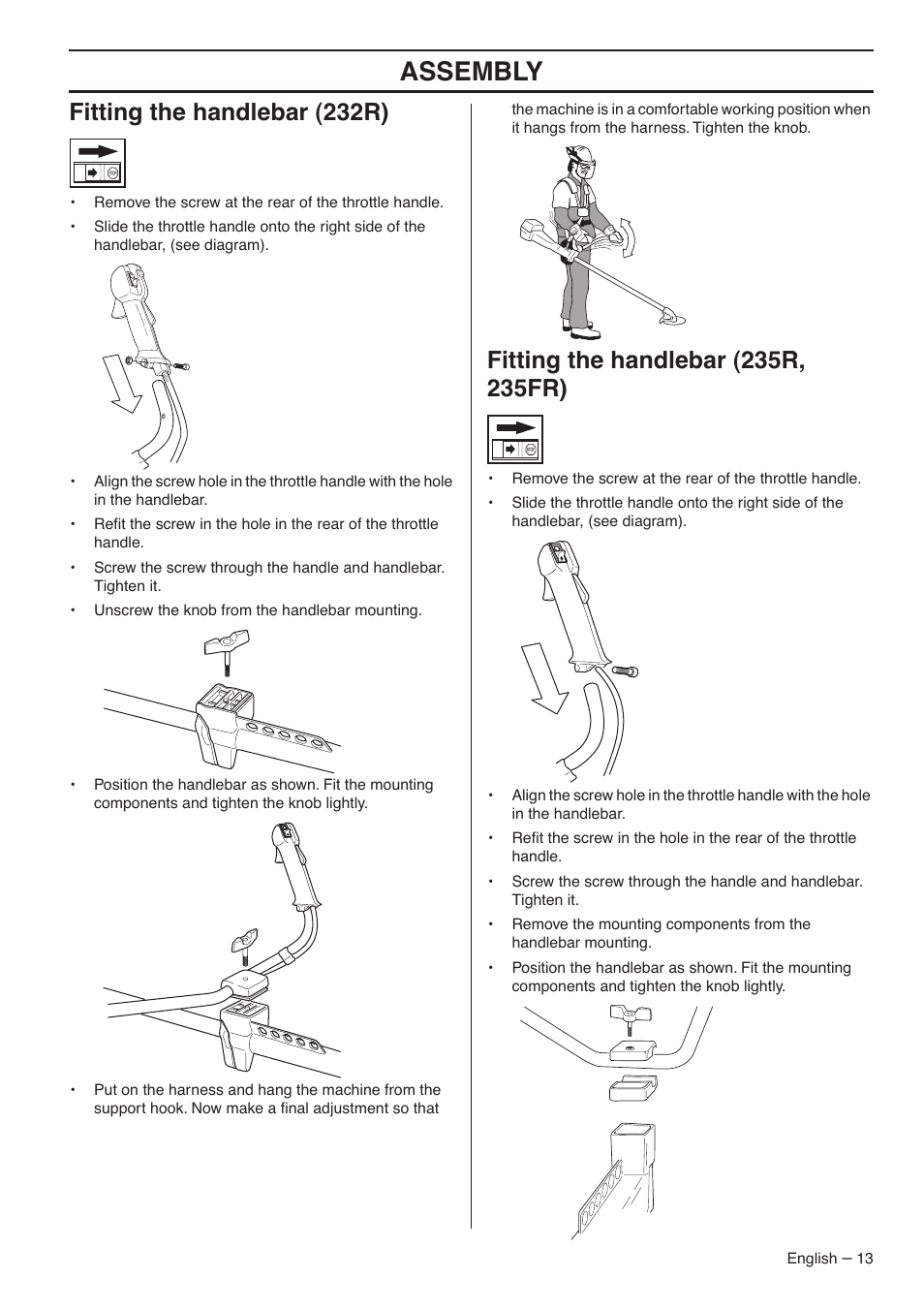 Fitting the handlebar (232r), Fitting the handlebar (235r, 235fr), Assembly | Husqvarna 235FR  EN User Manual | Page 13 / 52