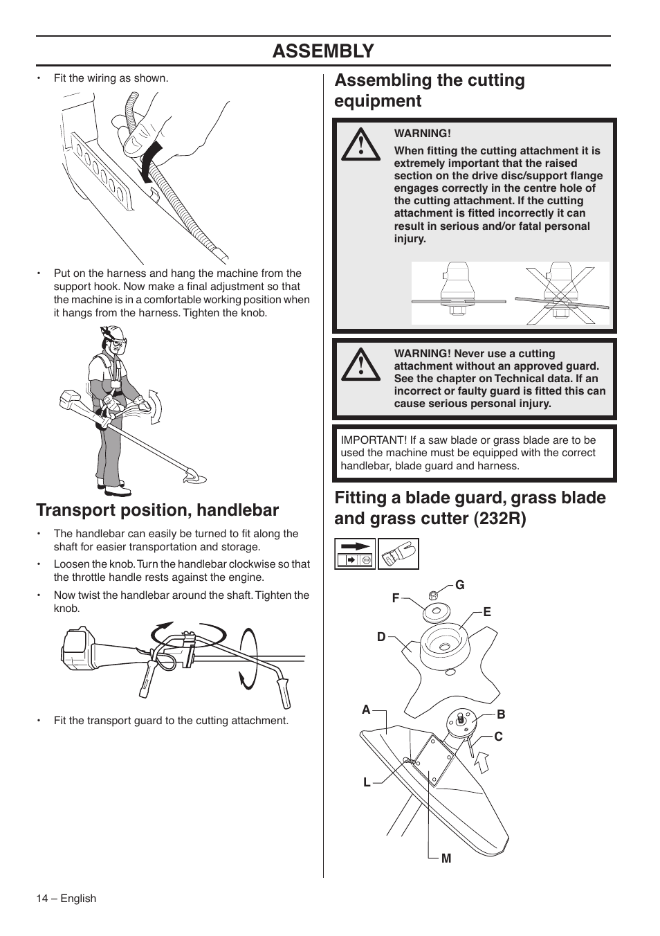 Transport position, handlebar, Assembling the cutting equipment, Assembly | Husqvarna 235FR  EN User Manual | Page 14 / 52