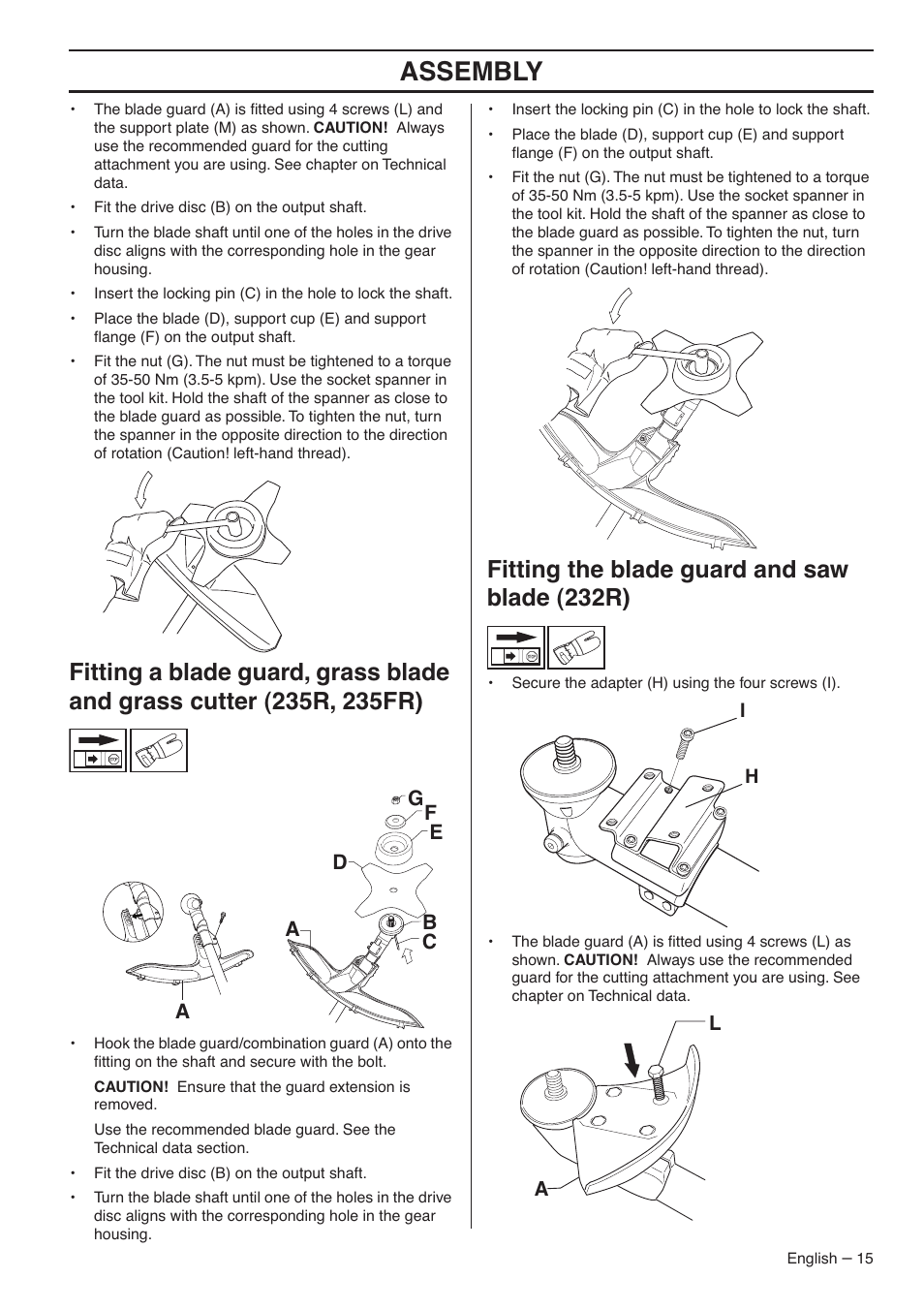 Fitting the blade guard and saw blade (232r), Assembly | Husqvarna 235FR  EN User Manual | Page 15 / 52